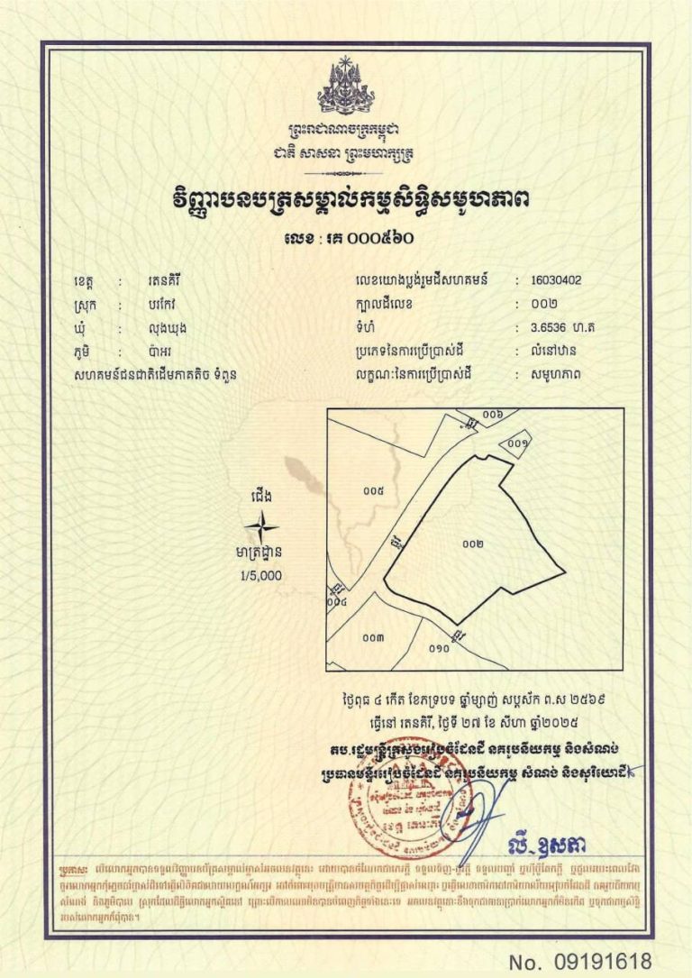 ដីសហគមន៍ជនជាតិដើមភាគតិចទំពួន ដែល​មានលេខក្បាលដី ០០២ ទំហំ ៣.៦៥៣៦ ហិកតា ស្ថិតនៅភូមិប៉ាអរ ឃុំលុងឃុង ស្រុកបរកែវ ខេត្តរតនគិរីត្រូវបានចុះបញ្ជី…