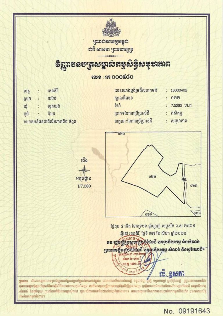 ដីសហគមន៍ជនជាតិដើមភាគតិច ទំពួន ចំនួន​១០ក្បាលដីបន្ថែមក្នុងស្រុកបរកែវ​ ខេត្តរតនគិរីត្រូវបានចុះបញ្ជី …
